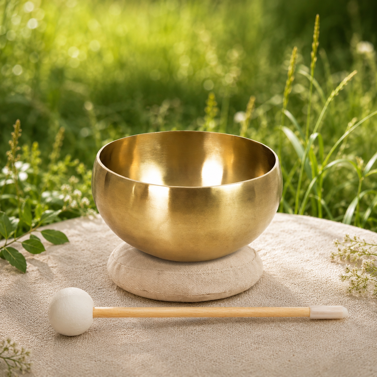 Peter Hess® Therapie Klangschale Bauchige Kopfschale Classic mit Baumwolluntersetzer und Schlägel – Meditation Set.